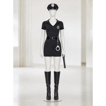 Black police costume with a peaked cap and accessories