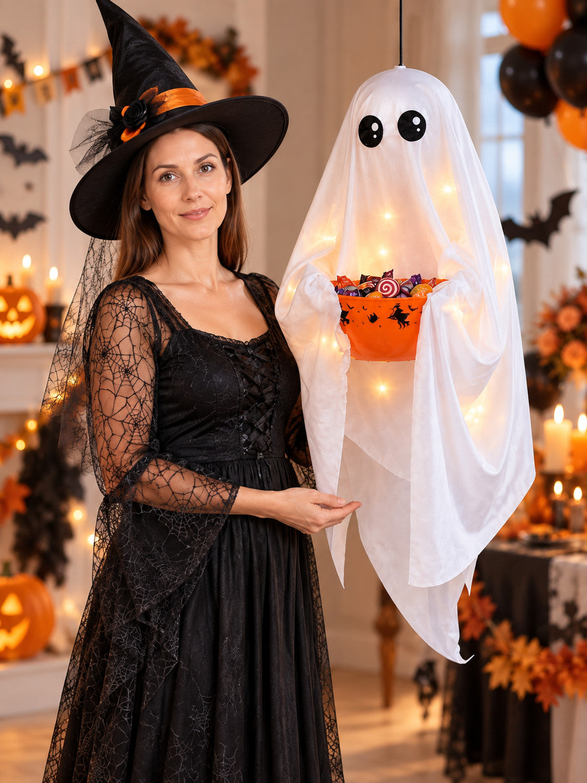 Halloween Hanging Decoration Glowing Ghost with Bowl