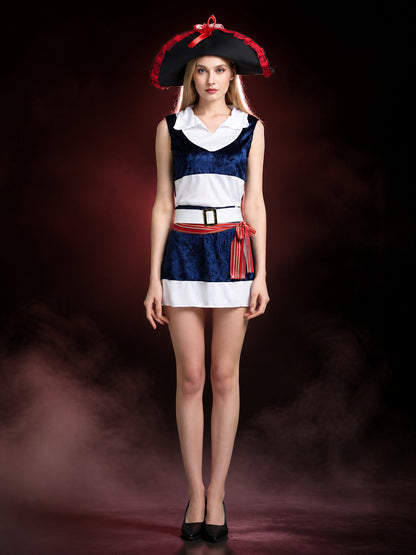 Adult Pirate Costume Set, Navy Sleeveless Dress With Hat, Belt And Waist Tie main product view