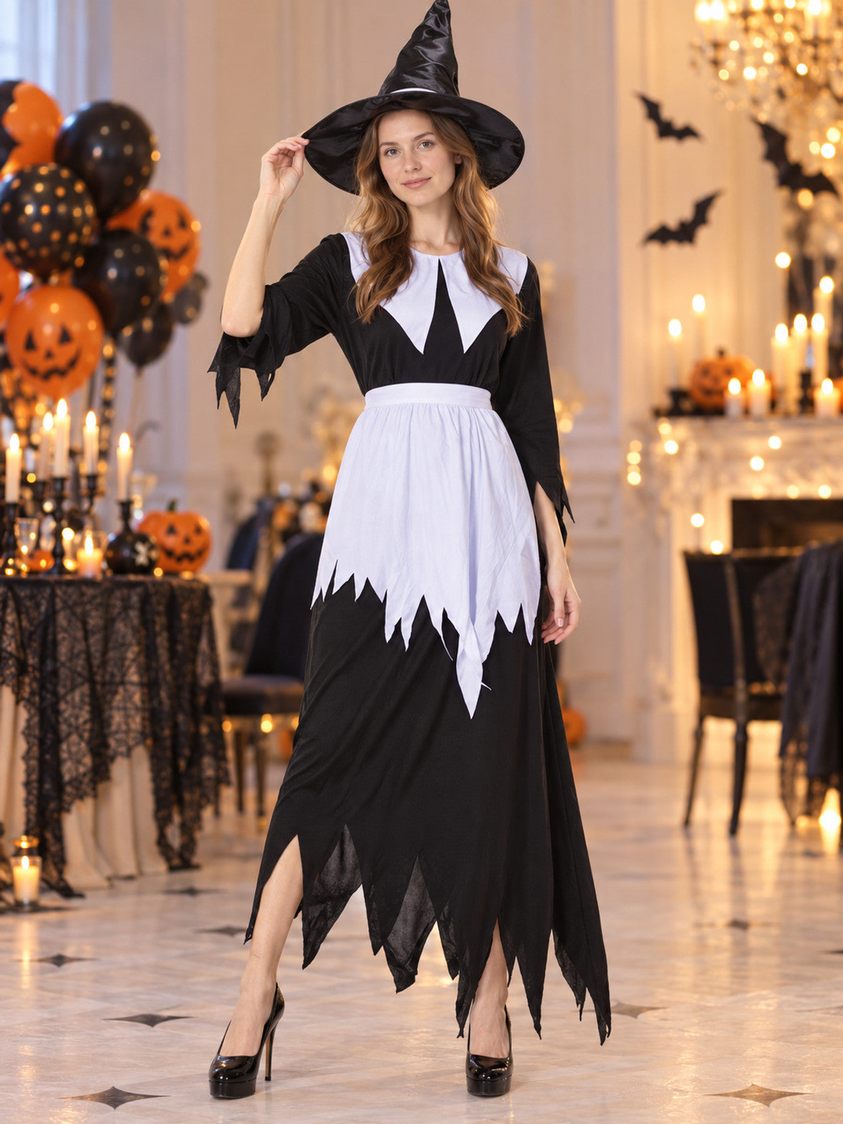 Witch Halloween Costume with Black Dress and Hat