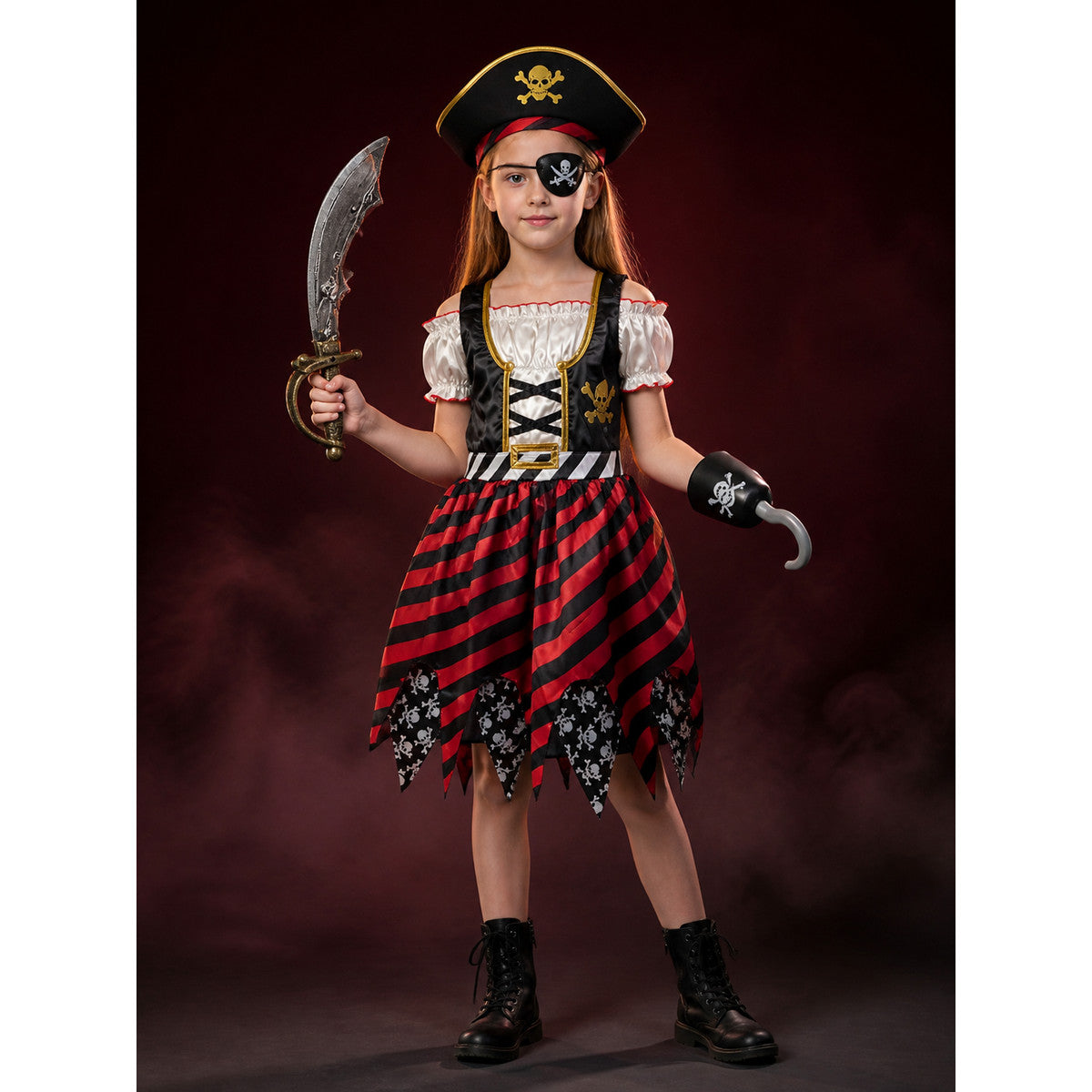 Kids Pirate Costume Dress Set with Skull Print, Hat, Eye Patch, Sword & Hook for main product view