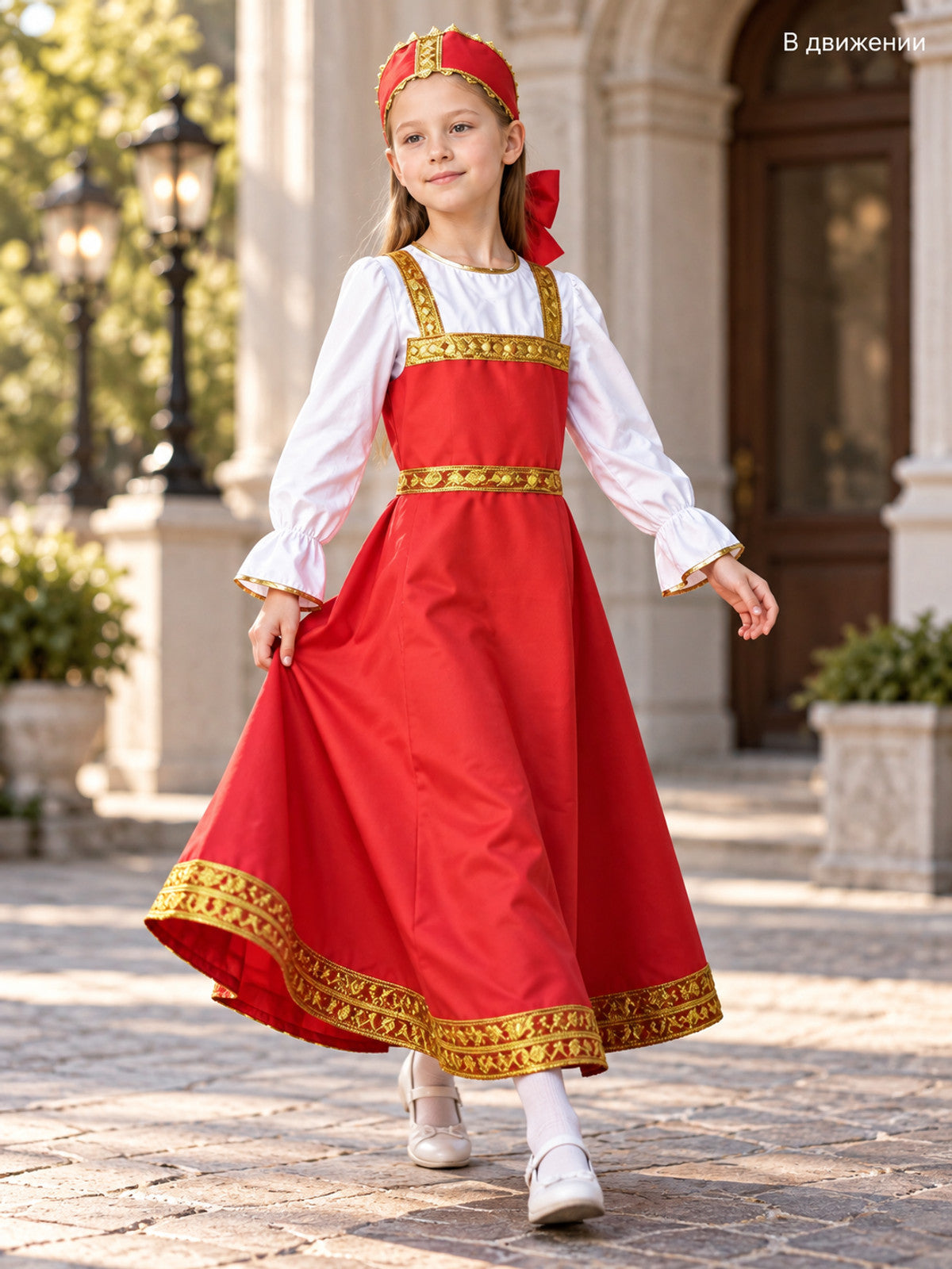 gold red russian folk-style long-sleeve costume dress with headwear product image 2
