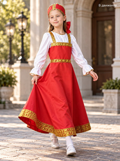 gold red russian folk-style long-sleeve costume dress with headwear product image 2