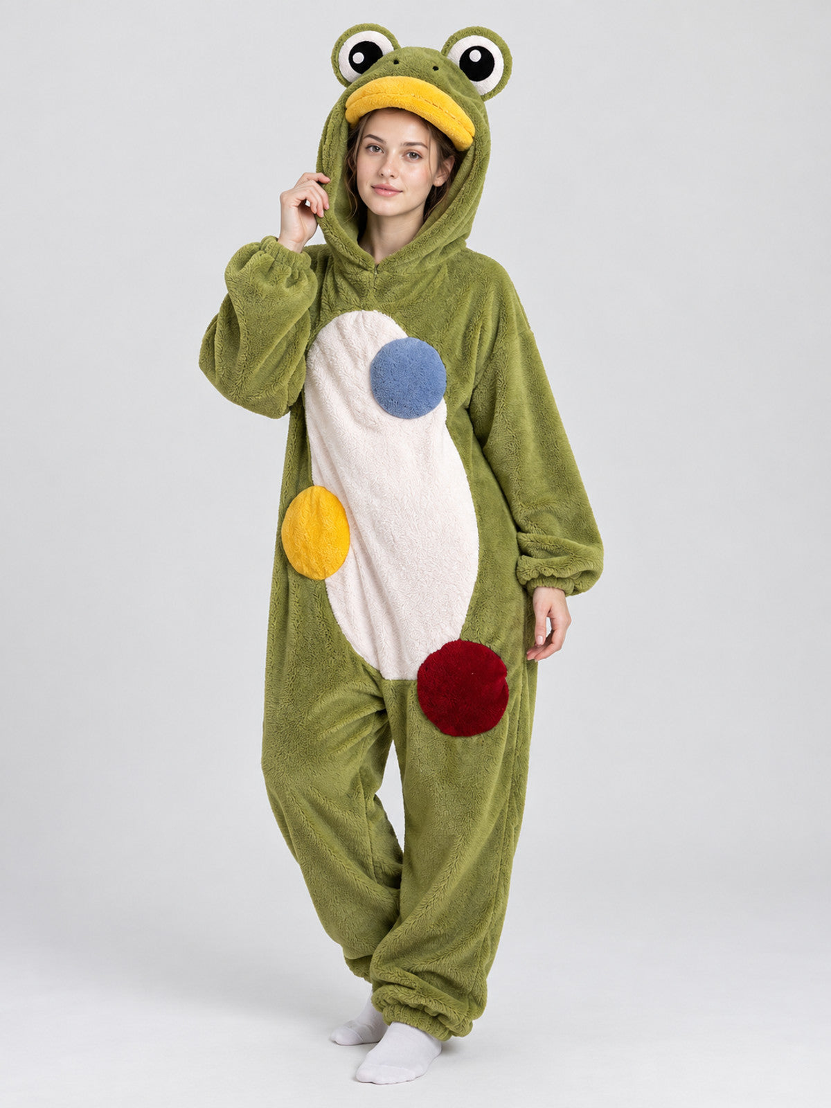 Green frog onesie pajama with oversized frog head