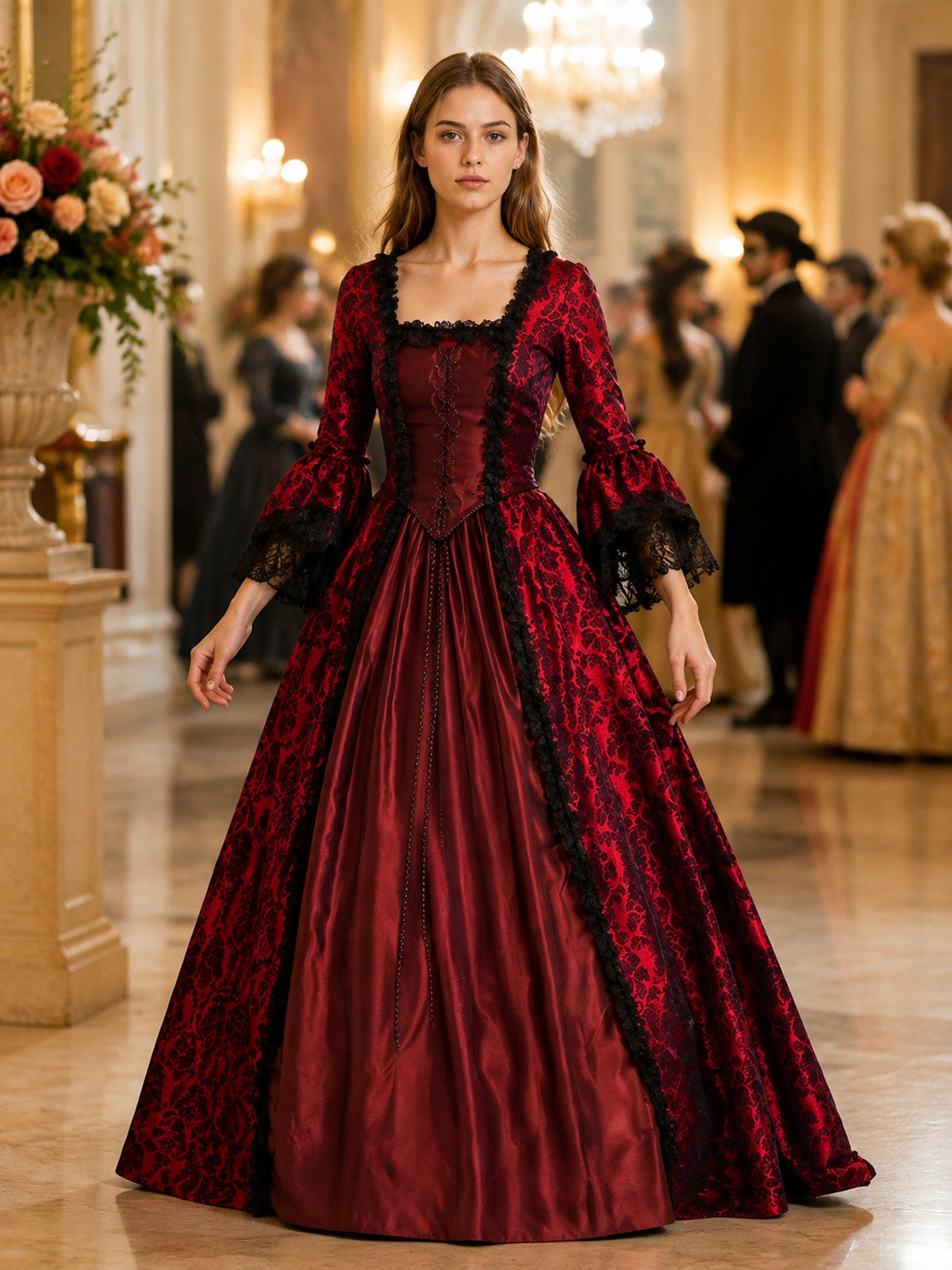 Burgundy Dress with a Square Neckline and Lace-Up Detail lifestyle view
