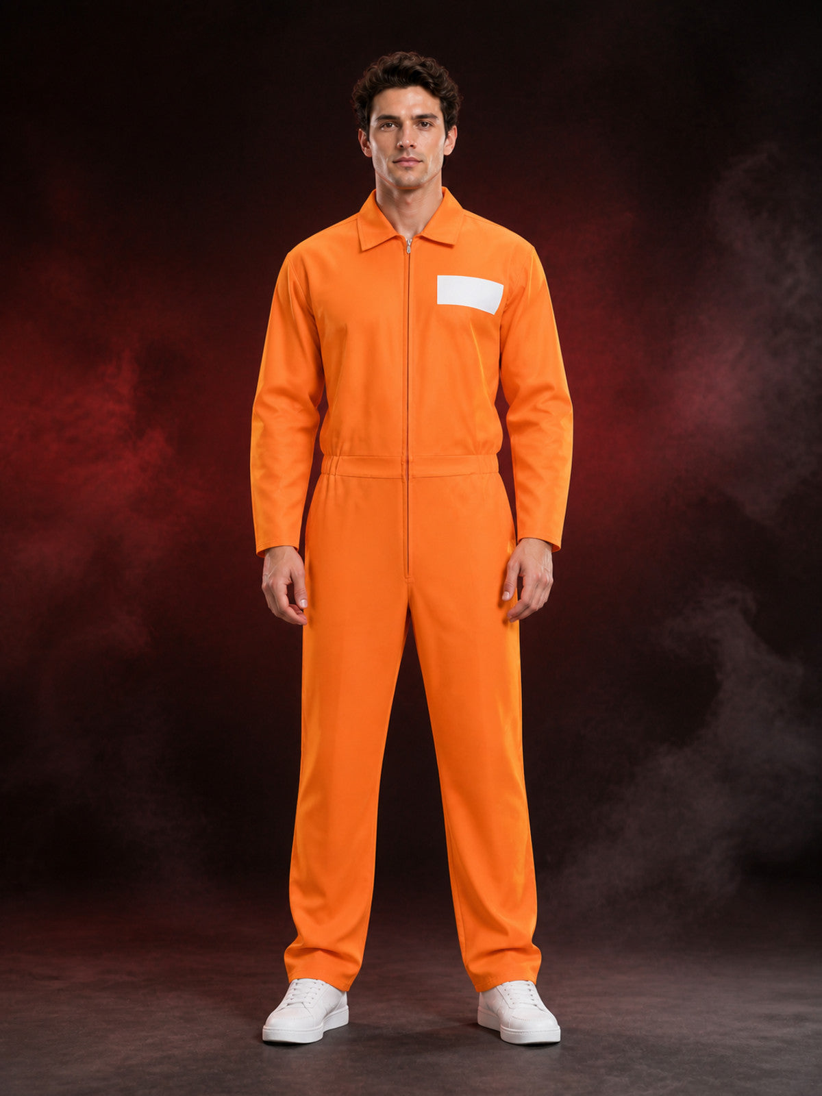 Prison Jumpsuit Costume, Orange Zippered Coveralls with State Prison Print for