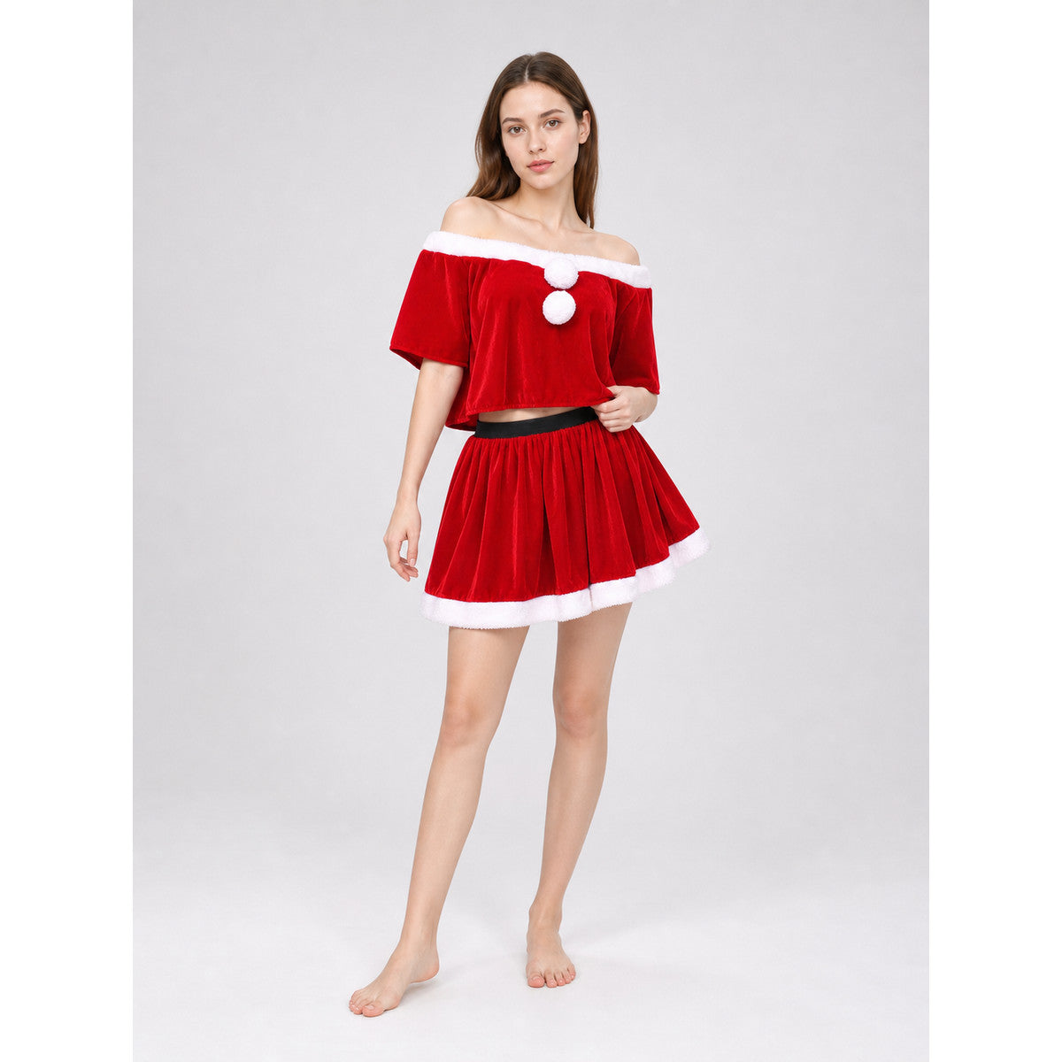 Festive Santa Claus Costume: Top, Skirt, and Hat on-model front view