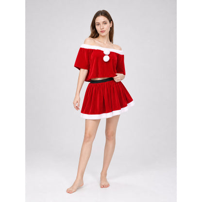 Festive Santa Claus Costume: Top, Skirt, and Hat on-model front view