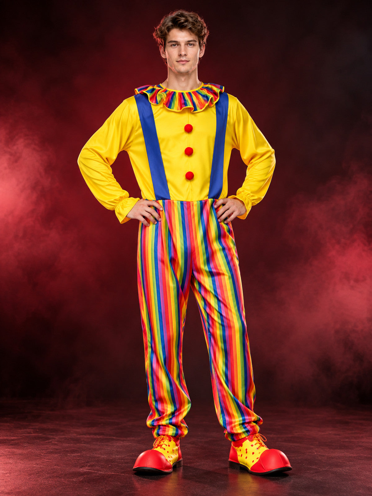 Adult Clown Costume Yellow with Blue Suspenders