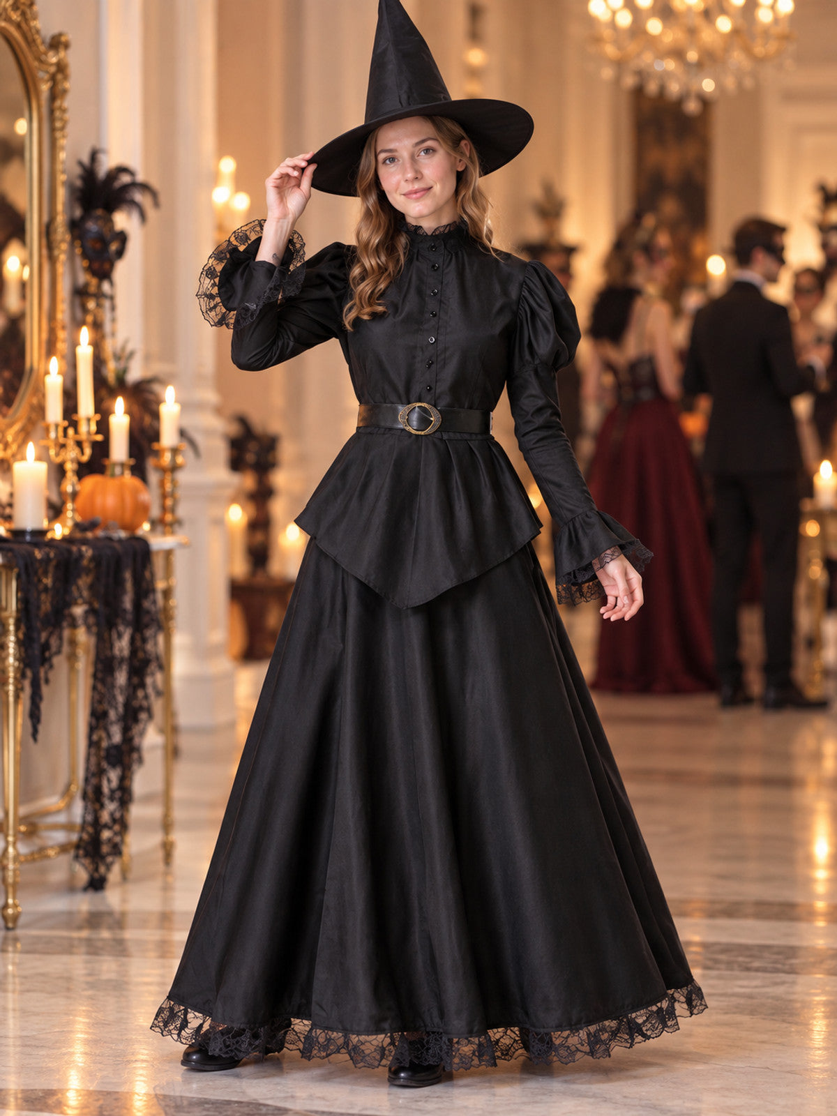Witch Costume: Long Black Lace Dress, Hat, Belt