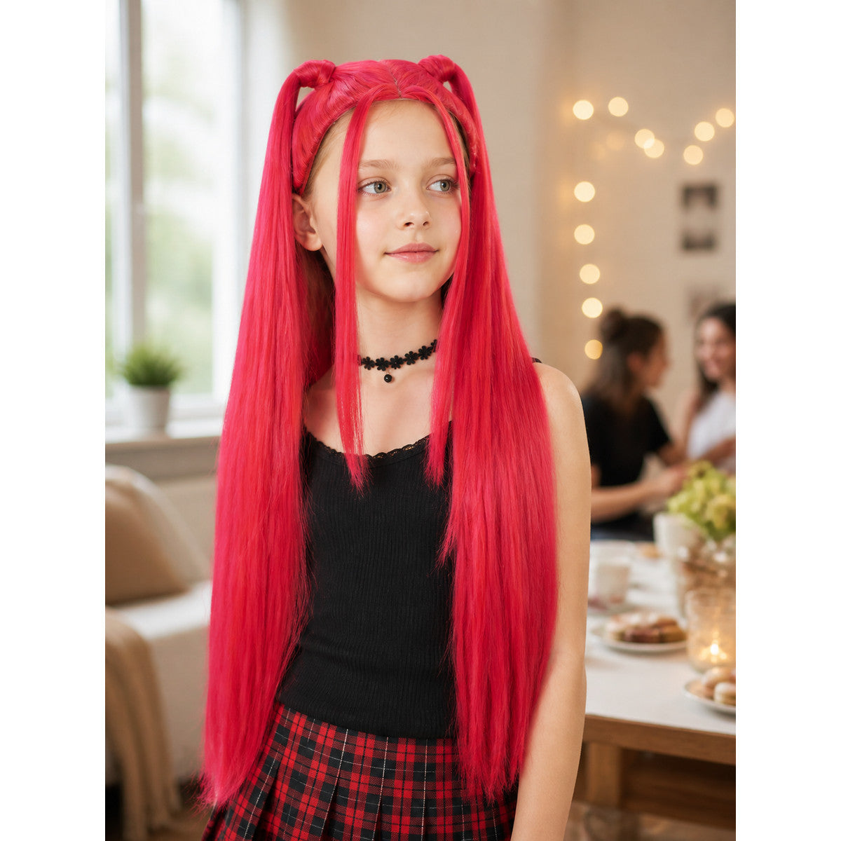 Pink-Red Carnival Wig for Halloween and Cosplay lifestyle view