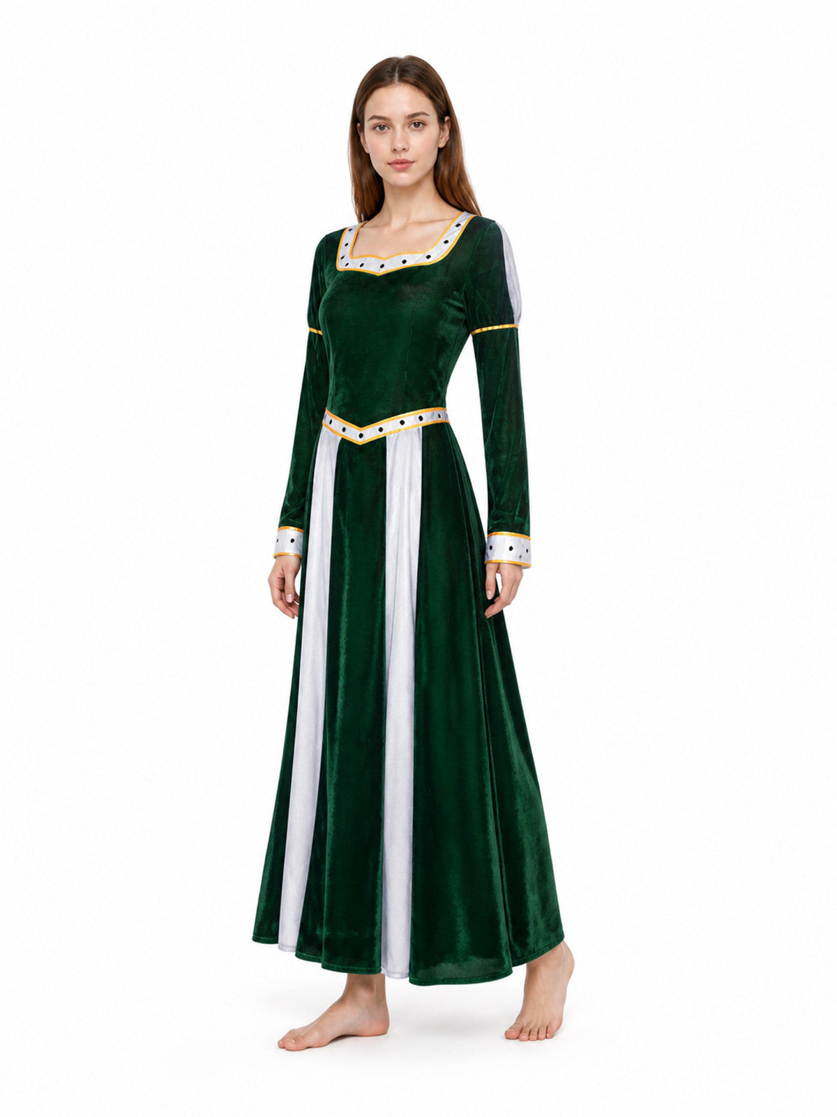 Long Green Cosplay Dress with White Inset Costume Dresses detail