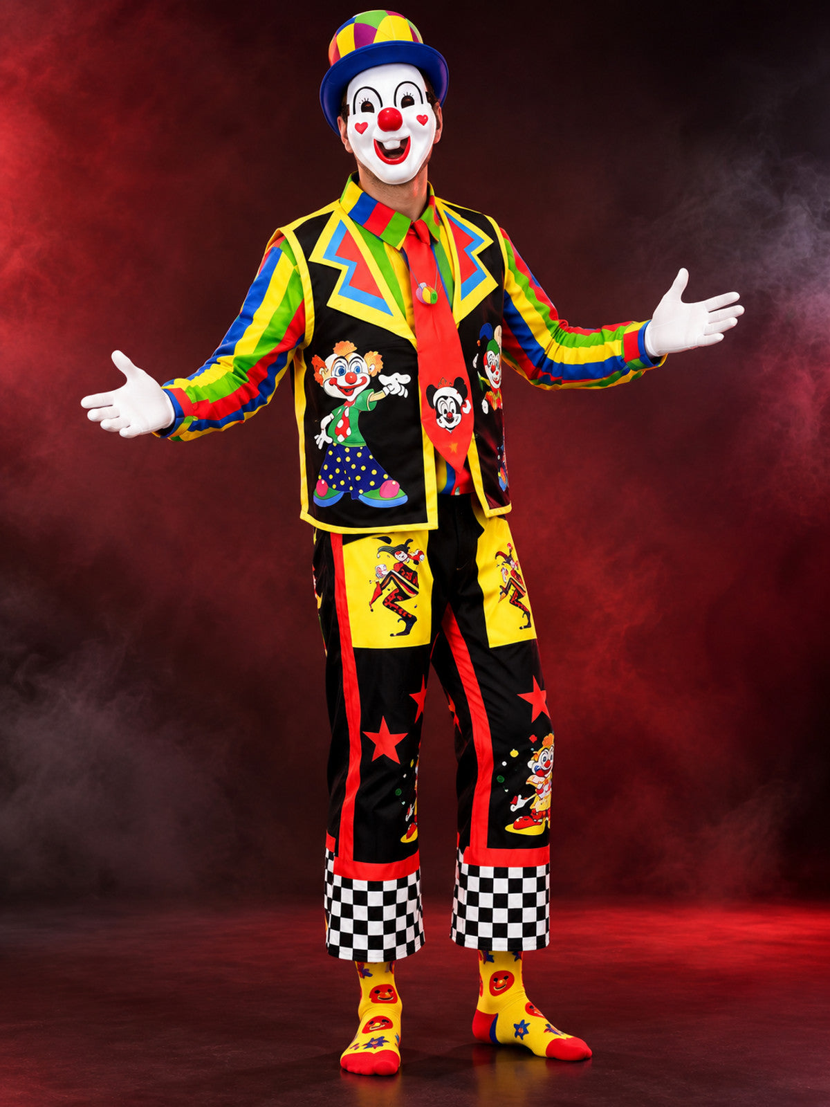 Colorful Clown Costume with Vest, Hat, and Mask