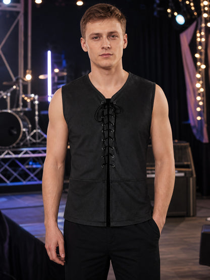 Black Long Lace-Up Vest with V-Neck