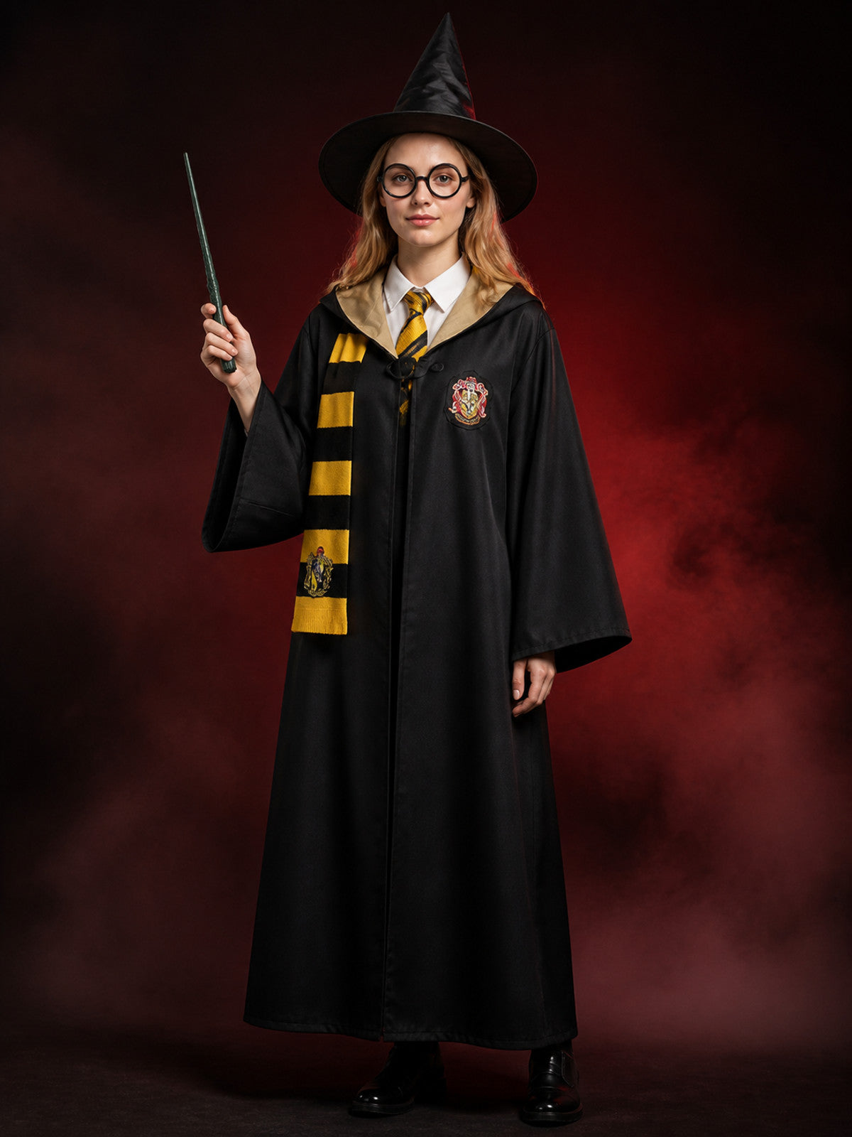 Black and Gold Wizard Costume Set with Hooded Robe, Shirt, Tie, Scarf, Glasses