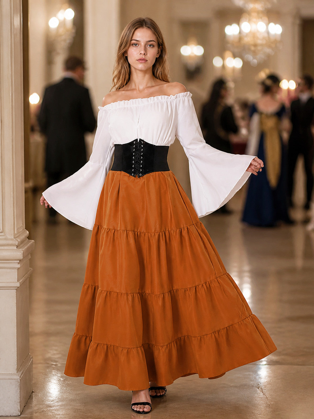 Long Medieval-Style Dress with Corset Belt lifestyle view