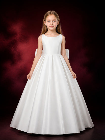 Girls' White Satin Princess Dress, Sleeveless A-Line Long Formal Gown main product view
