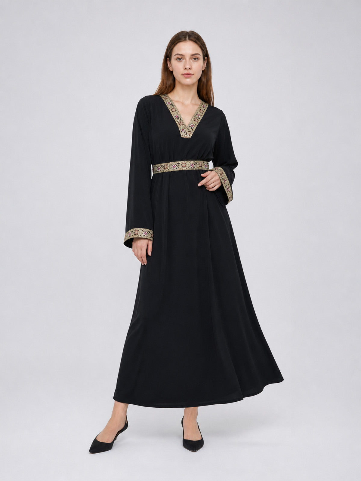 Maxi Dress with a V-Neckline and Embroidered Trim