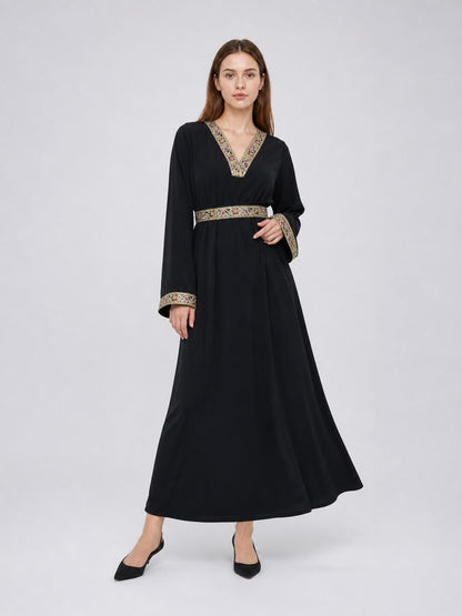 Maxi Dress with a V-Neckline and Embroidered Trim