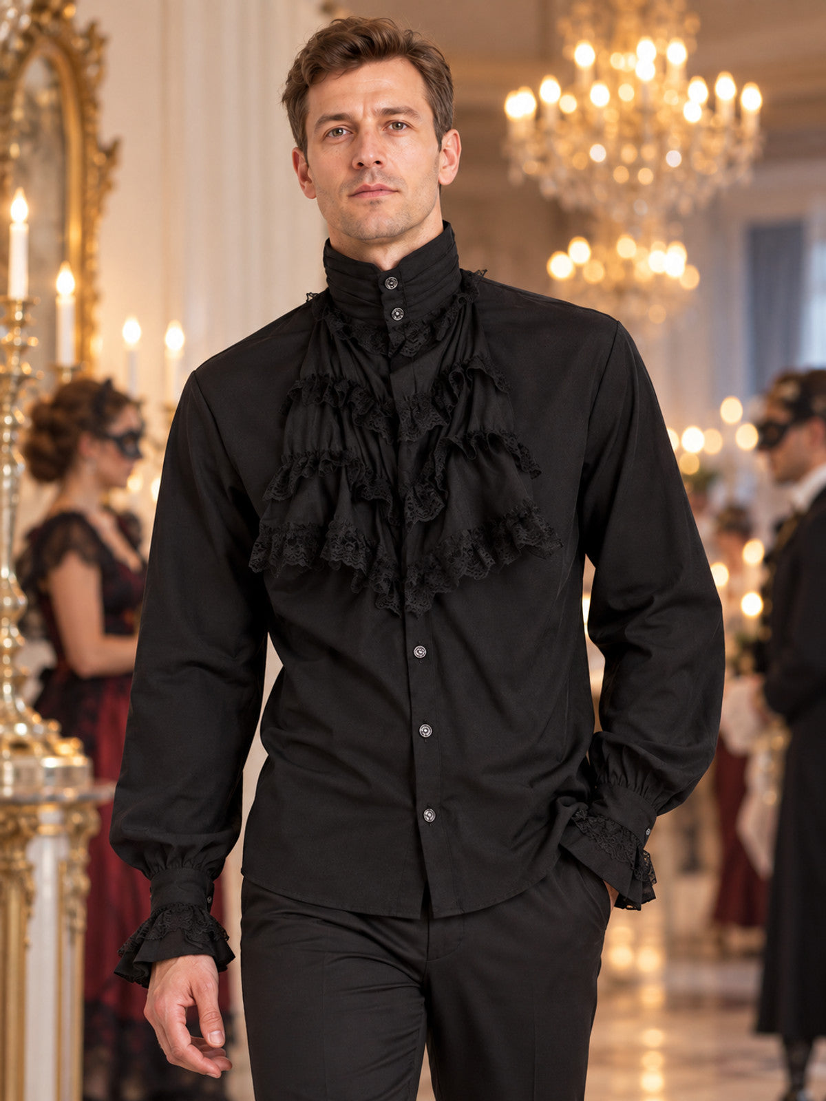 Black Gothic-Style Shirt with High Collar and Ruffles