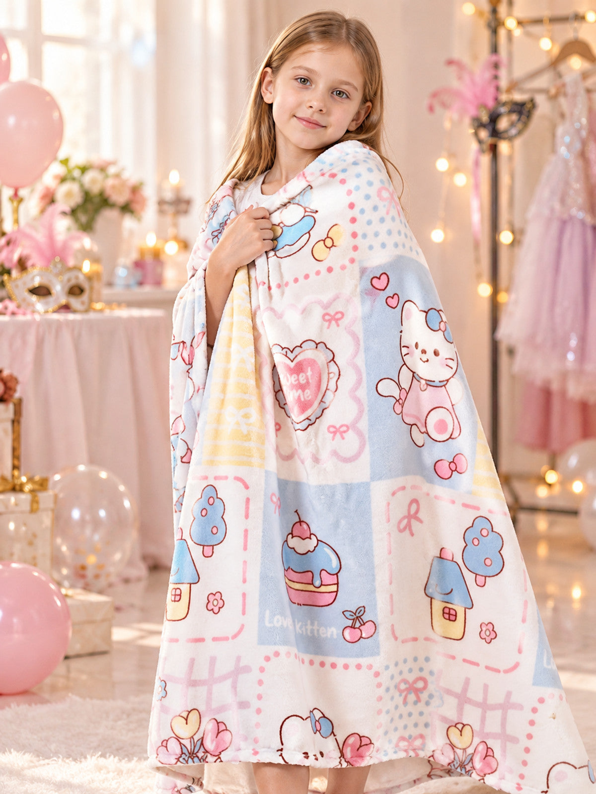 Reversible polyester blanket white with kitten print