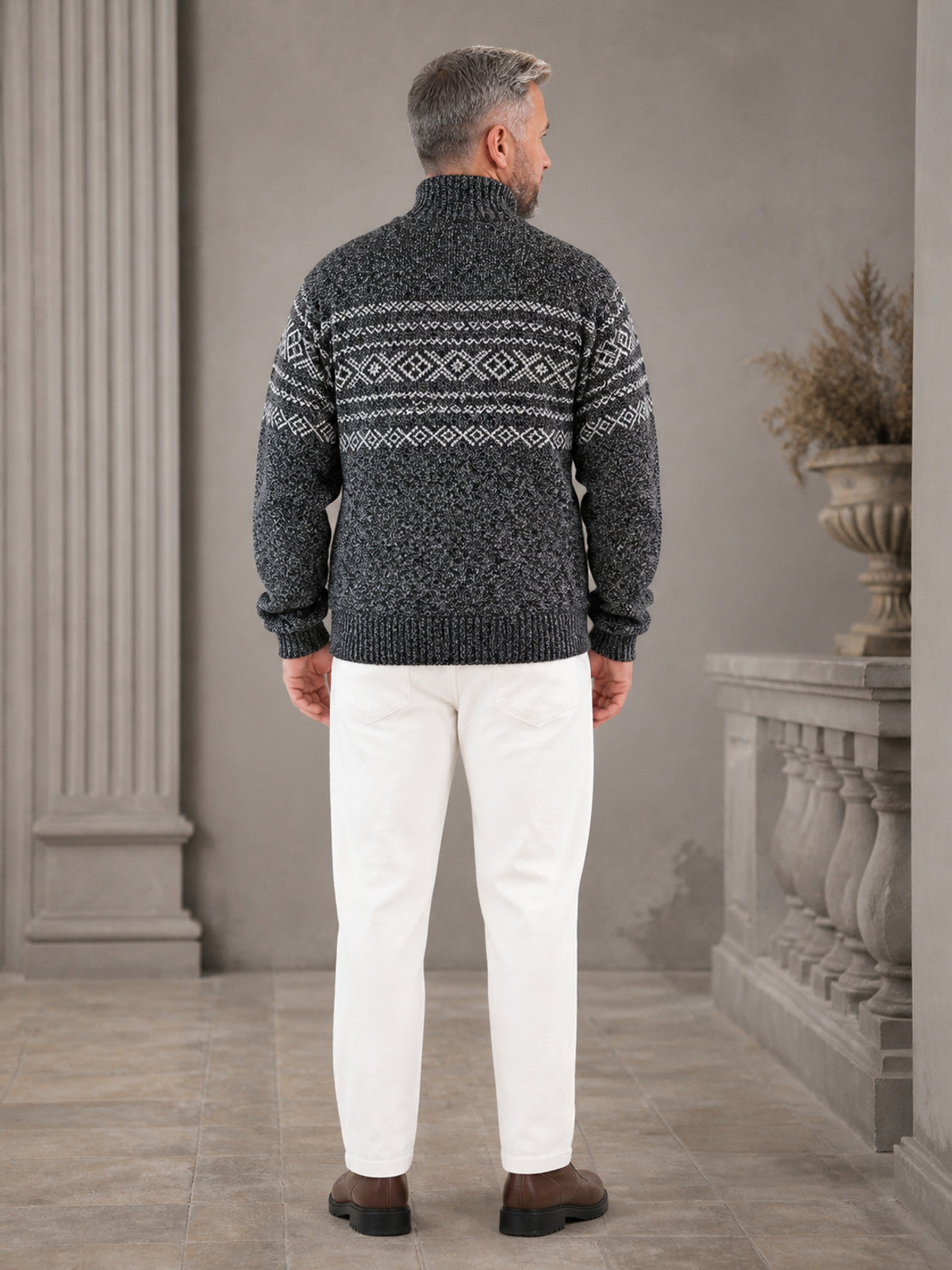 Gray Half-Zip High Collar Knit Sweater with Geometric Jacquard Pattern, Long