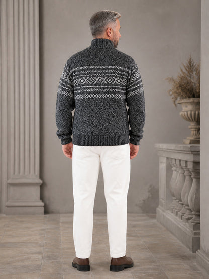 Gray Half-Zip High Collar Knit Sweater with Geometric Jacquard Pattern, Long