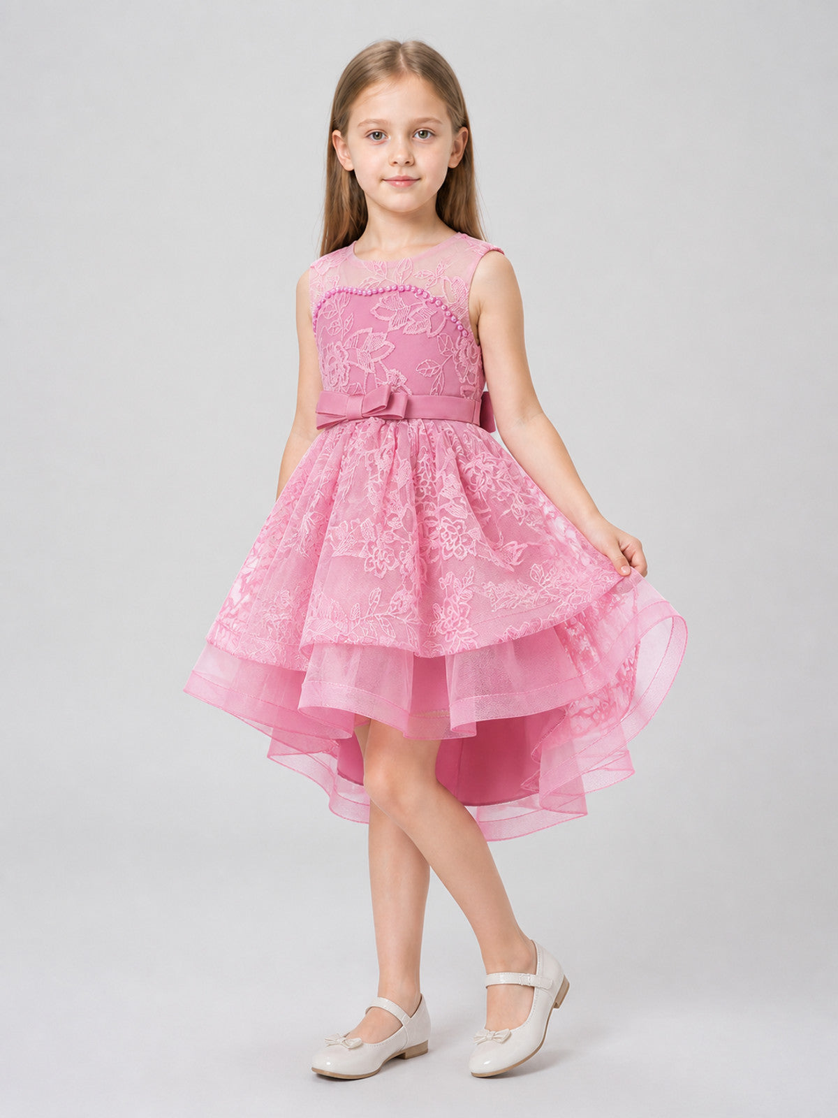 Pink Princess Dress with Bow and Lace Embroidery Costume Dresses detail