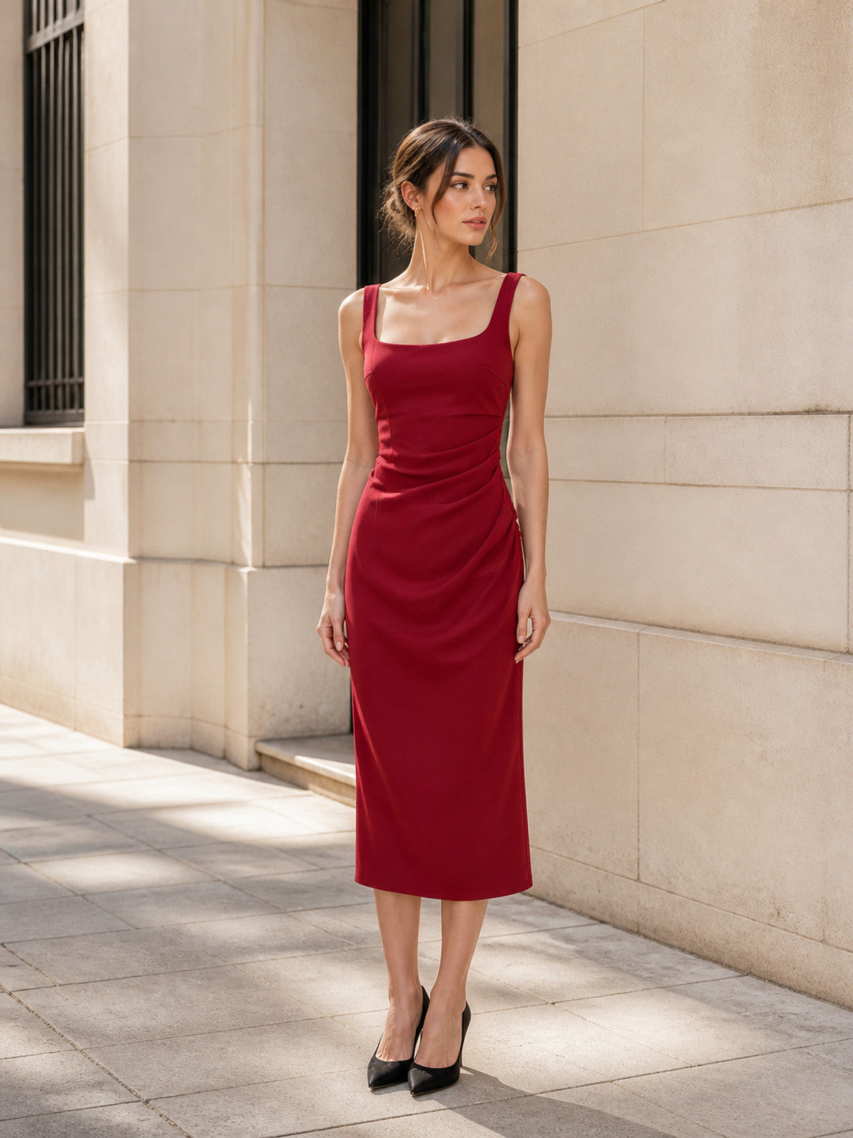 Fitted Red Sleeveless Ruched Dress