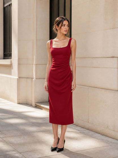 Fitted Red Sleeveless Ruched Dress