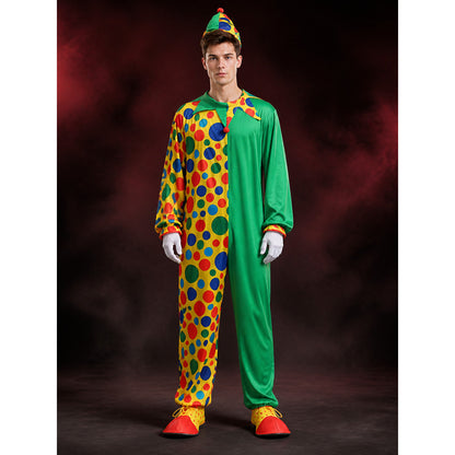 Unisex Jester Costume Jumpsuit, Colorful Polka Dot Clown Outfit with Hat main product view