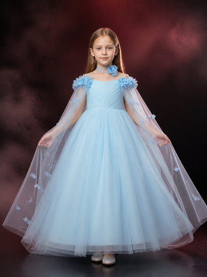 Girls' Light Blue Princess Dress with Tulle Shawl and Floral Details main product view