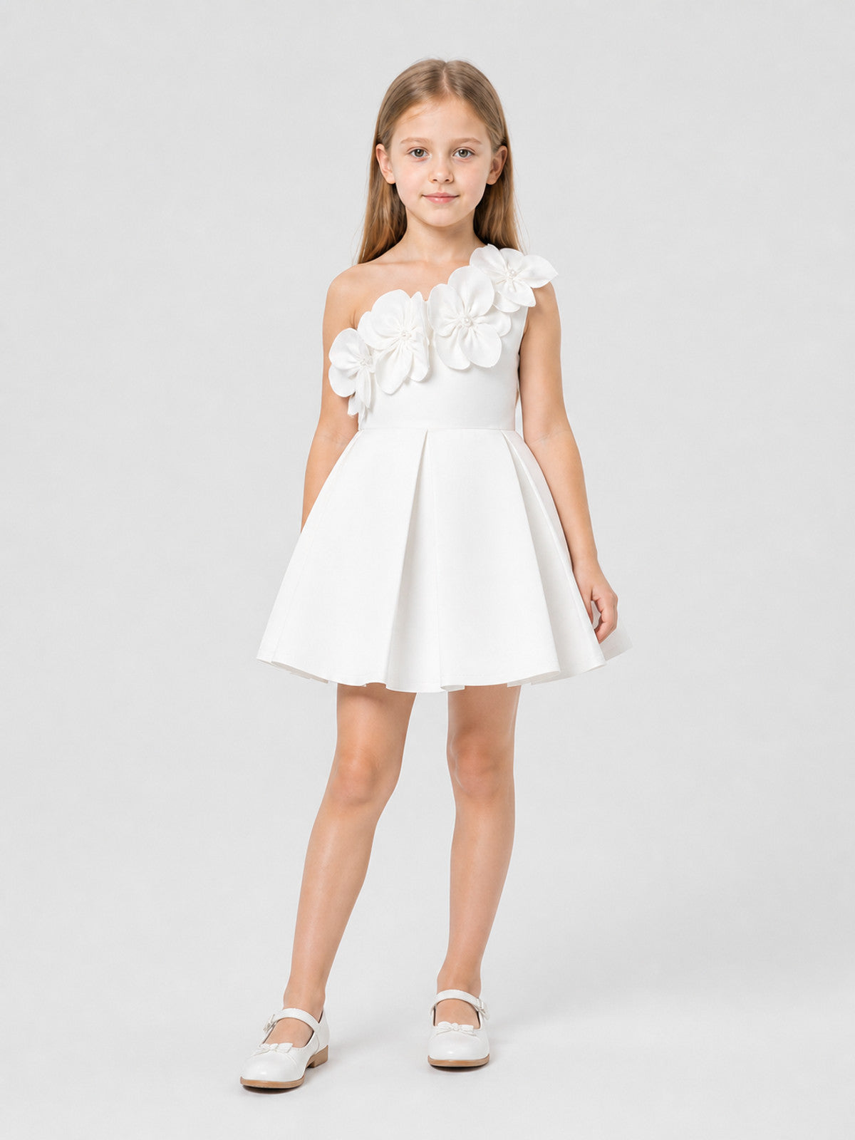 White Princess Dress for Girls with 3D Flowers