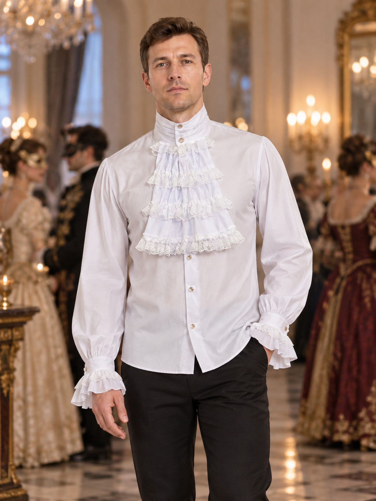 White Ruffled Jabot Shirt with High Collar and Frills