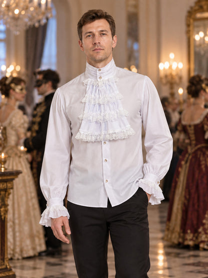 White Ruffled Jabot Shirt with High Collar and Frills