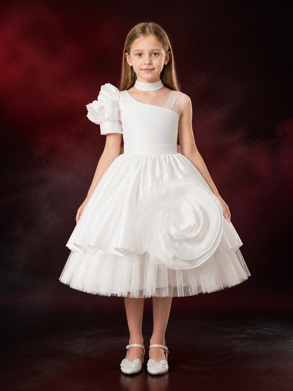 Toddler Girls' White Princess Dress, One-Shoulder Puff Sleeve And Flower Detail main product view