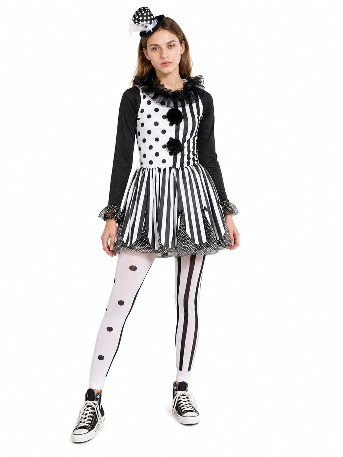 Polka Dot and Striped Clown Costume with Pom-Poms Costumes detail
