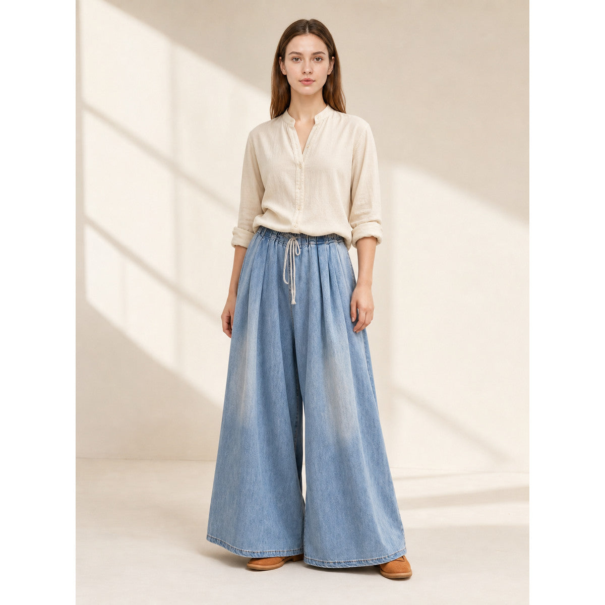 Light Blue Wide-Leg Jeans with Drawstring lifestyle