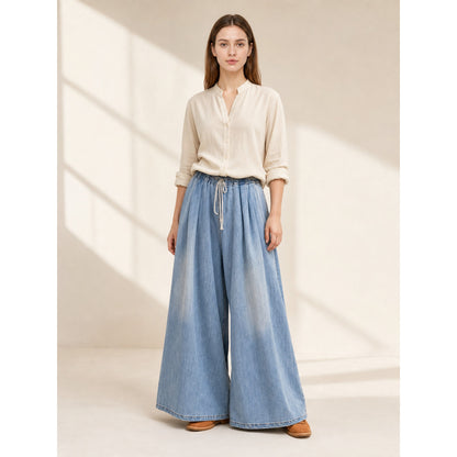 Light Blue Wide-Leg Jeans with Drawstring lifestyle