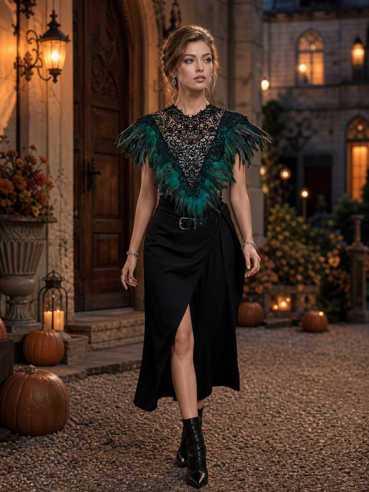 Black lace shoulder cape with green and dark feathers, shown on a model wearing a black dress in an outdoor evening setting