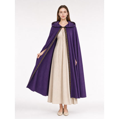 Open purple hooded cape with patterned trim, shown on a model over a cream dress