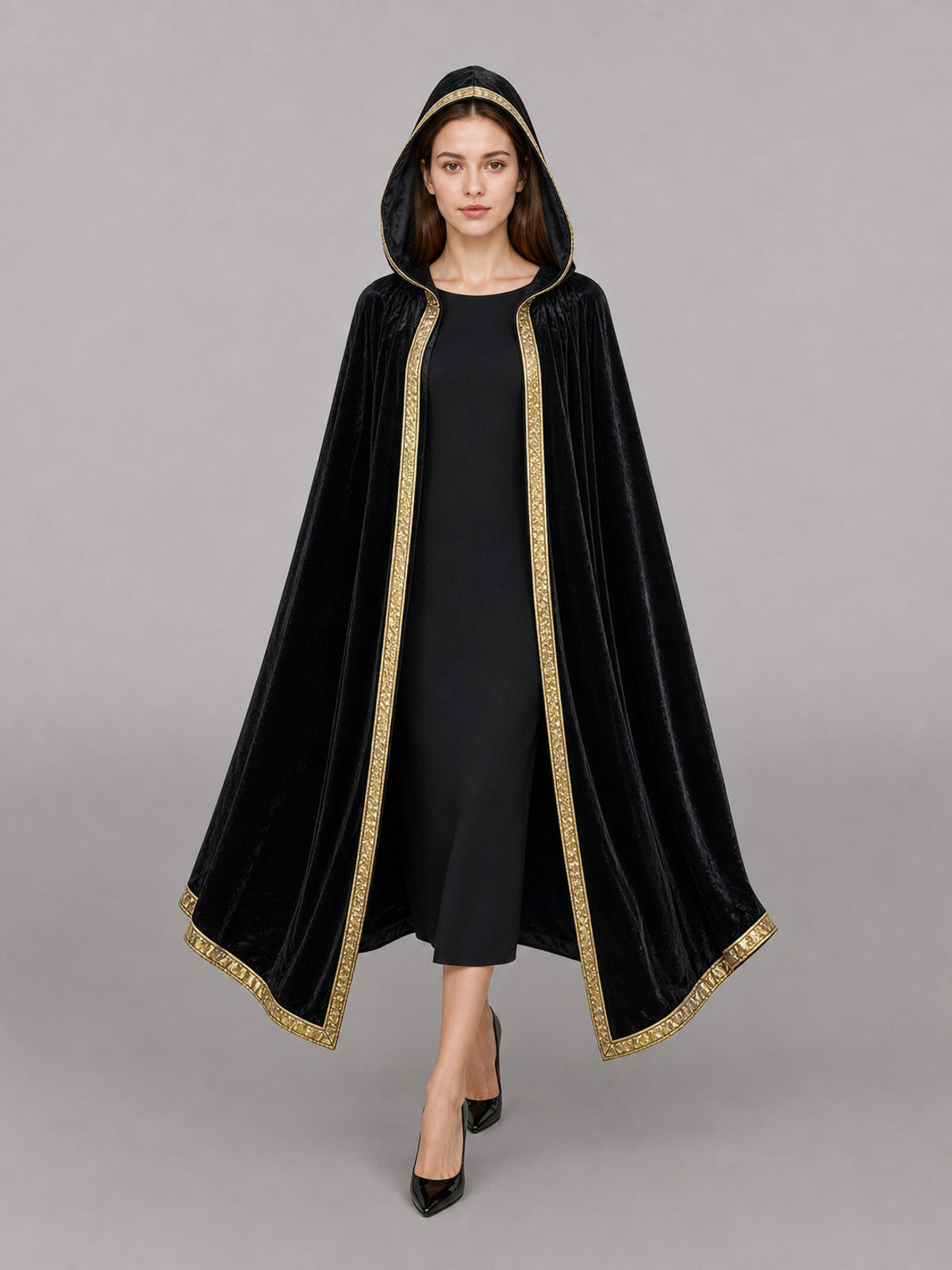 Black Hooded Carnival Cloak with Velvet Texture occasion guide