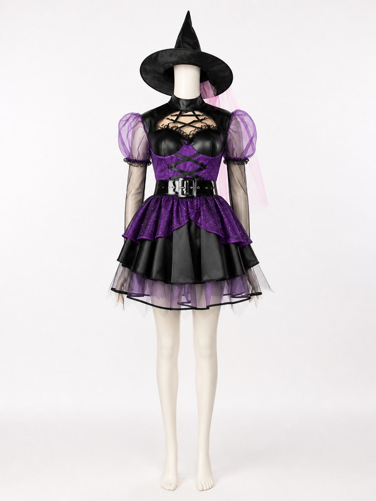 Women's Purple and Black Witch Costume Set, Ruffle Dress and Pointed Hat main product view