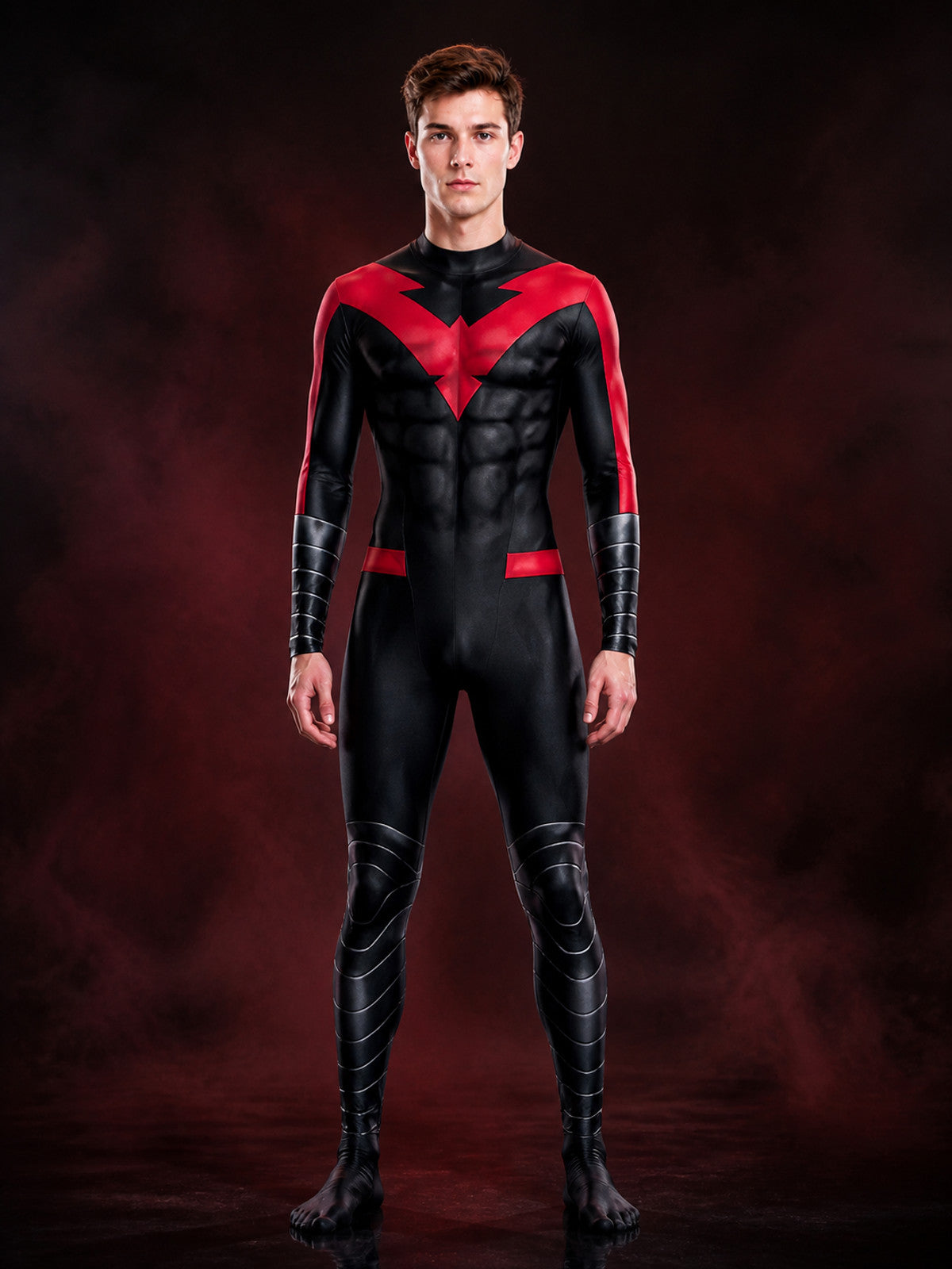 Men's Nightwing Cosplay Red and Black Muscle Print Bodysuit Costume main product view