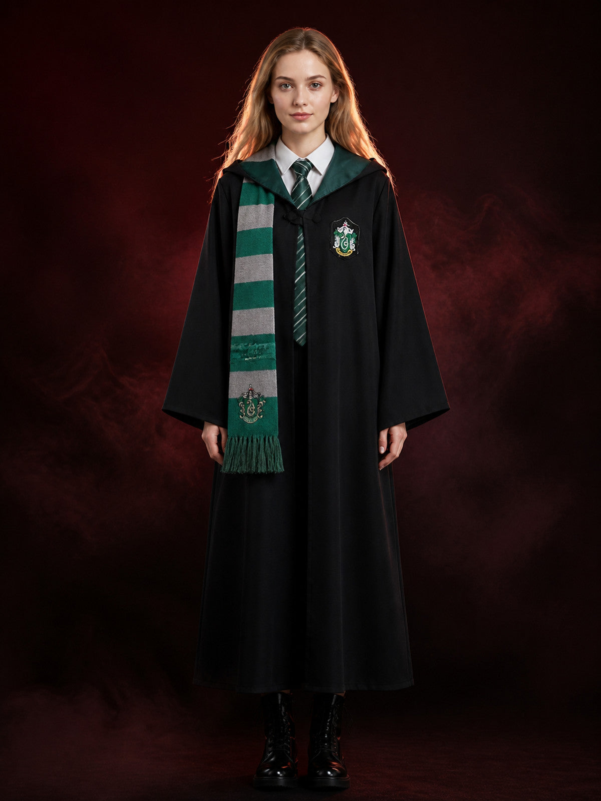 Wizard Long Hooded Robe Costume Set with Tie & Scarf, Green and Grey Stripes