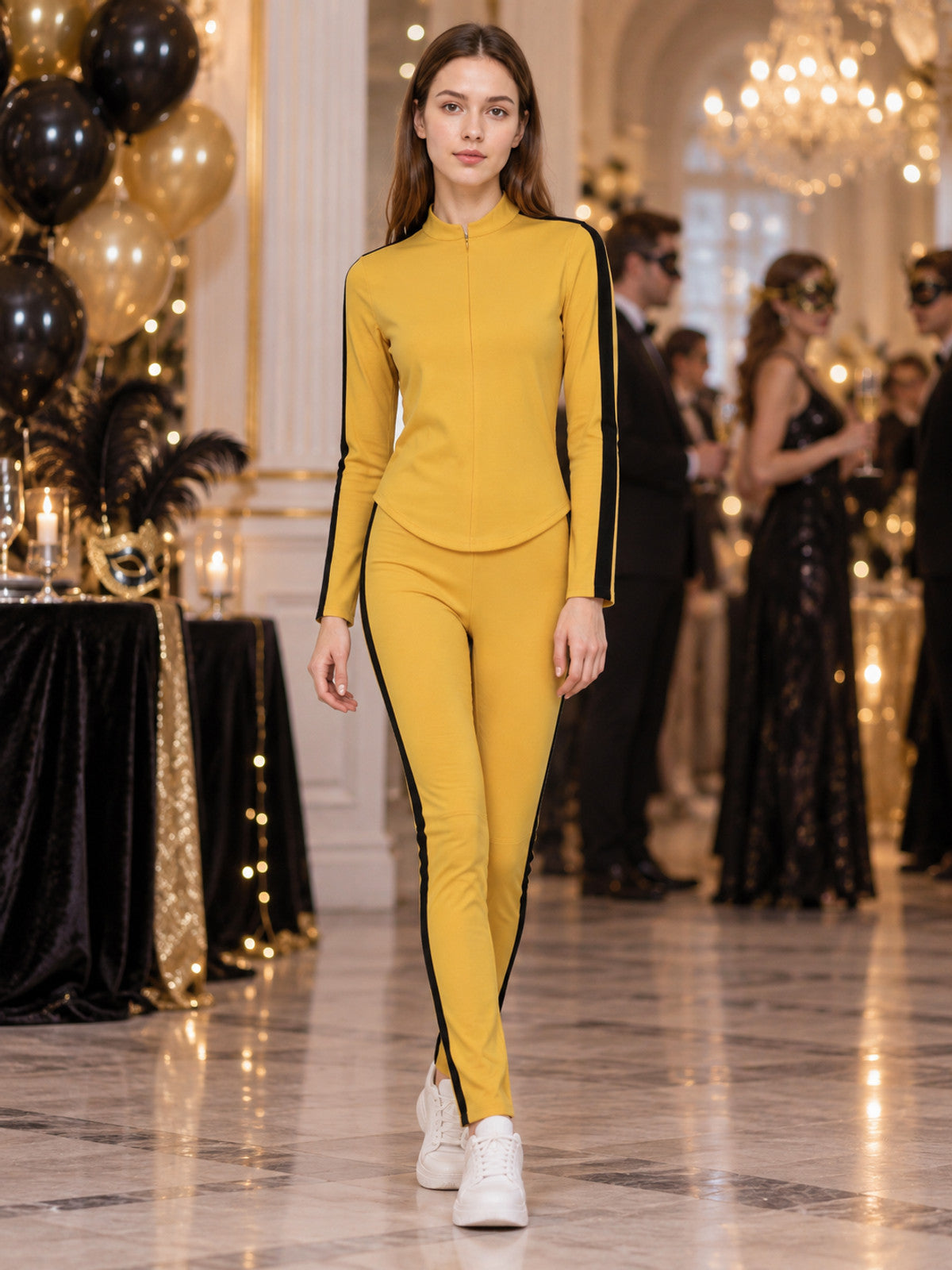 Yellow Fitted Cosplay Costume with Black Stripes lifestyle view