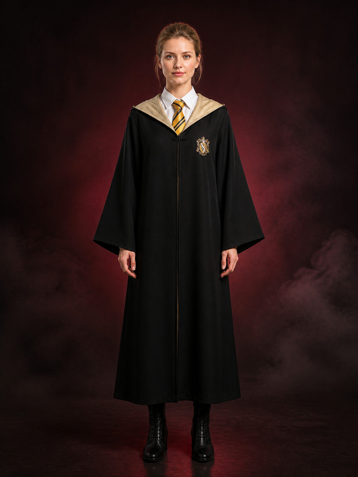 Women's Academy-Themed Hooded Wizard Robe Costume, Black and Gold main product view