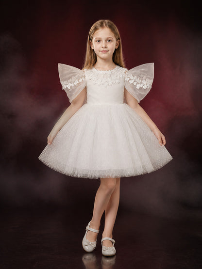 Baby Girls' White Princess Dress, Glitter Stripe Tulle Gown With Lace Appliques main product view