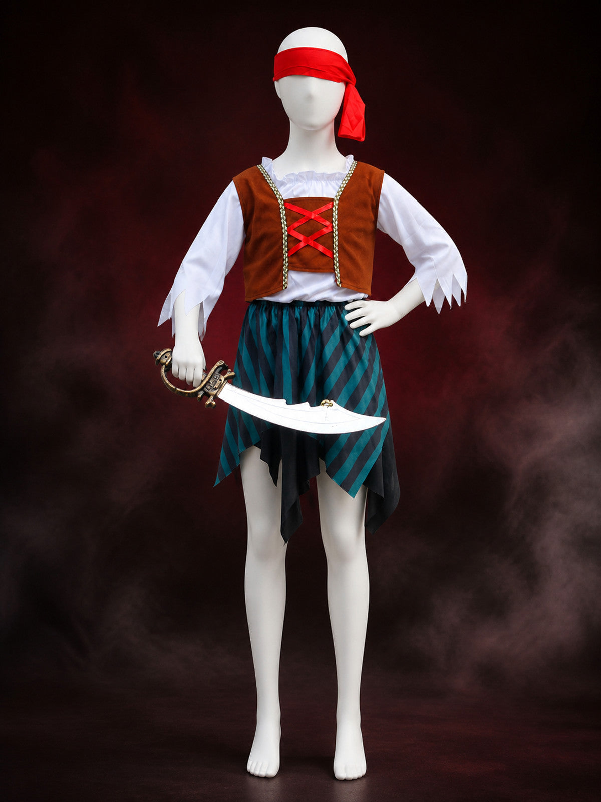 Kids' Pirate Costume Set With Striped Skirt, Vest & Headband For Halloween