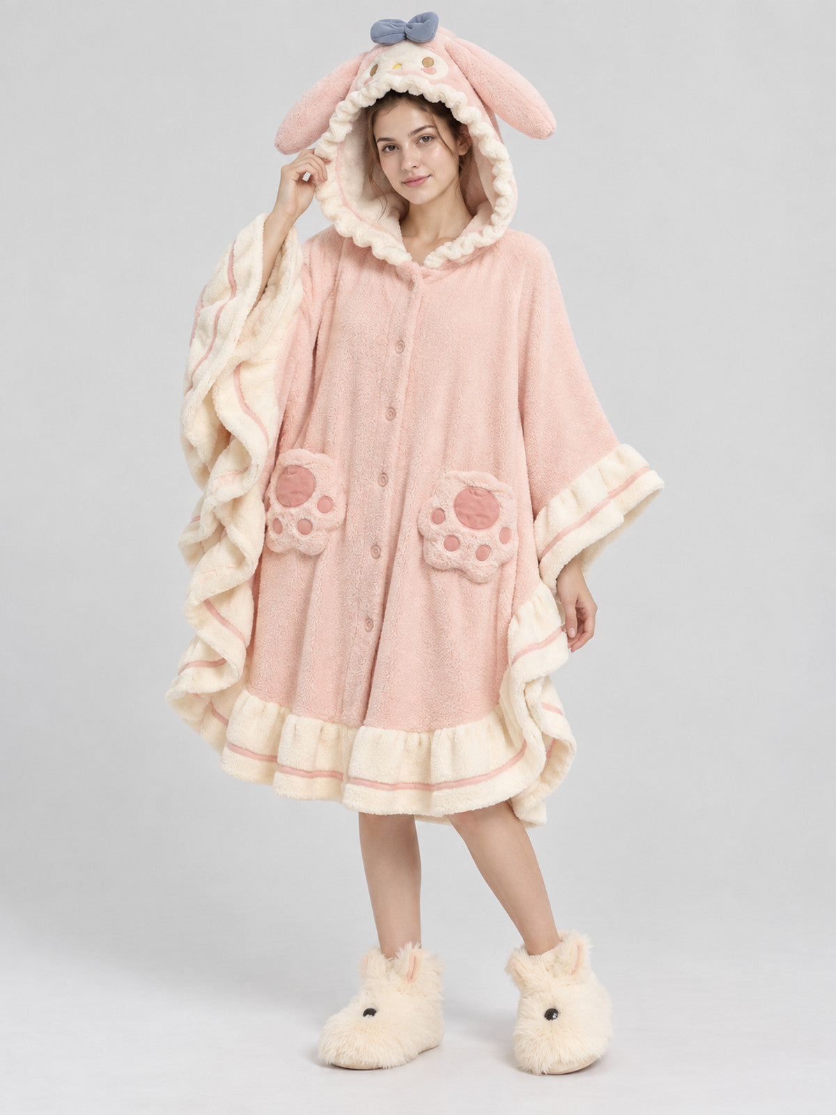 Pink Hooded Coral Fleece Poncho Robe